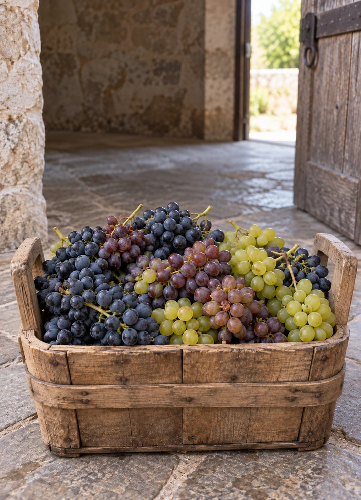 Grapes in a wooden basket at the cellar entrance