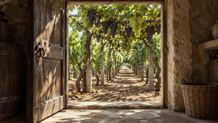 The cellar door open onto the pergola