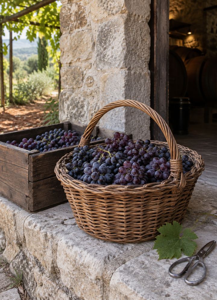 Grapes in a wicker basket and a wooden crate
