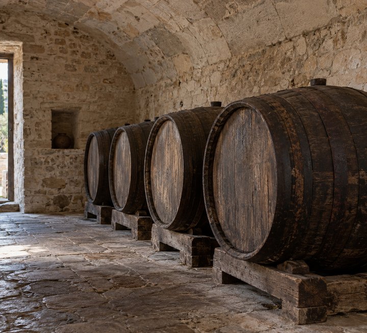 Oak barrels in the light from the door