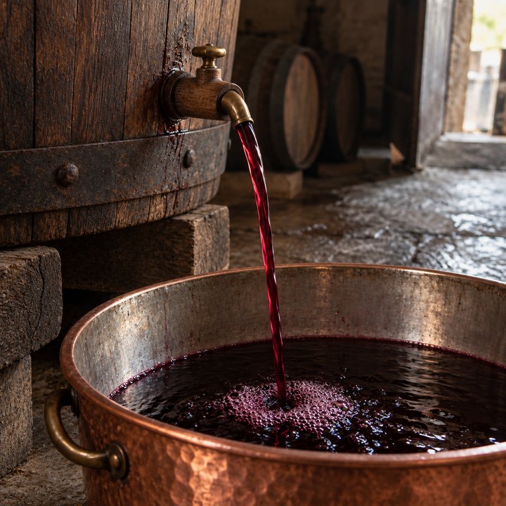 The free-run wine flows into a copper vessel
