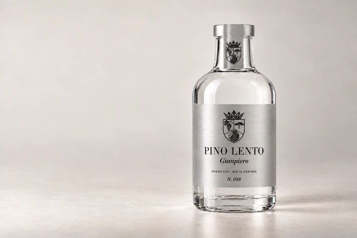 The GIANPIERO Classica bottle: colourless grappa, silver label