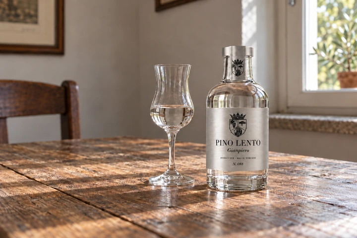 A bottle of GIANPIERO Classica and a small glass of grappa on a wooden table