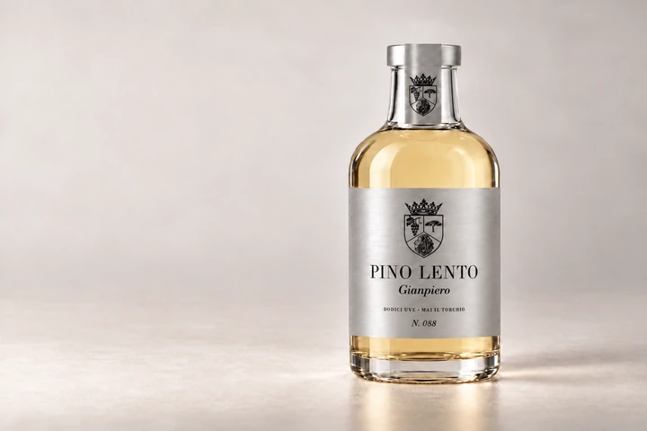 The GIANPIERO Barricata bottle: golden grappa, silver label