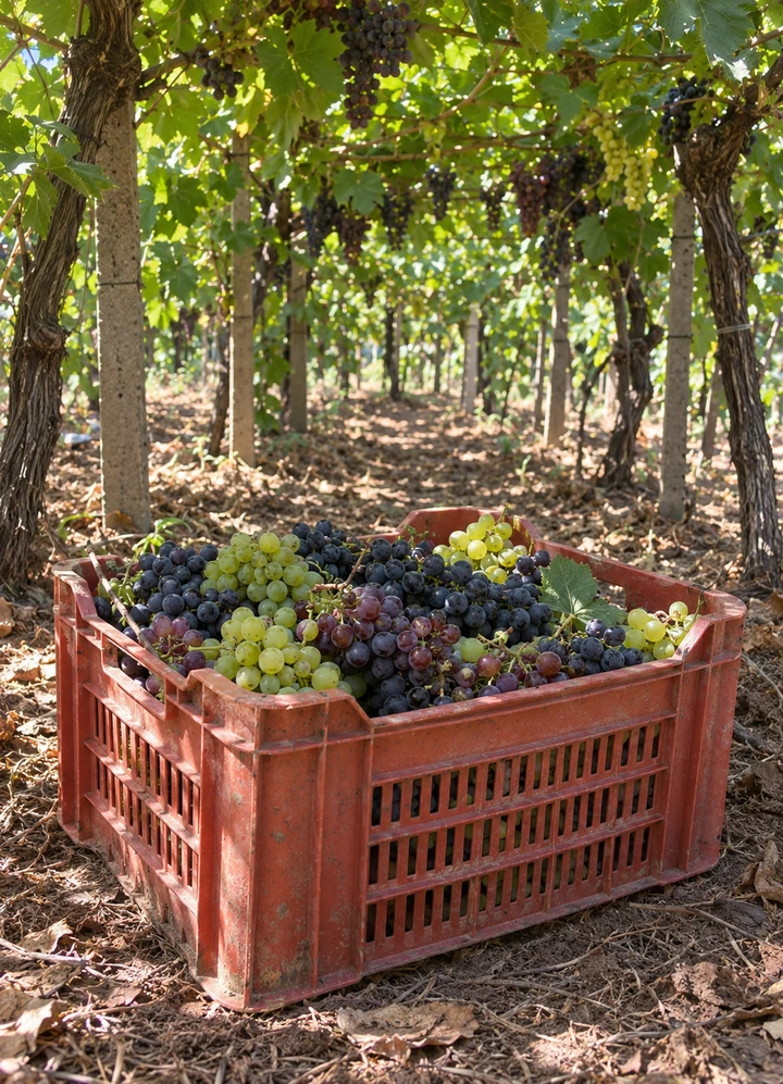 A crate of grapes under the pergola