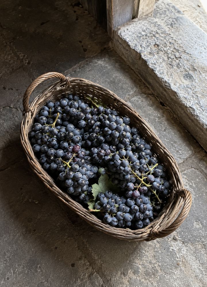 Grapes arriving in a wicker basket