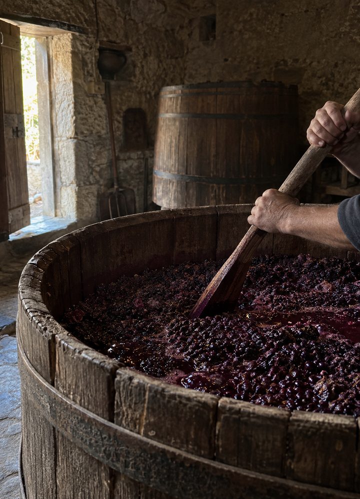 Skins in the vat during fermentation
