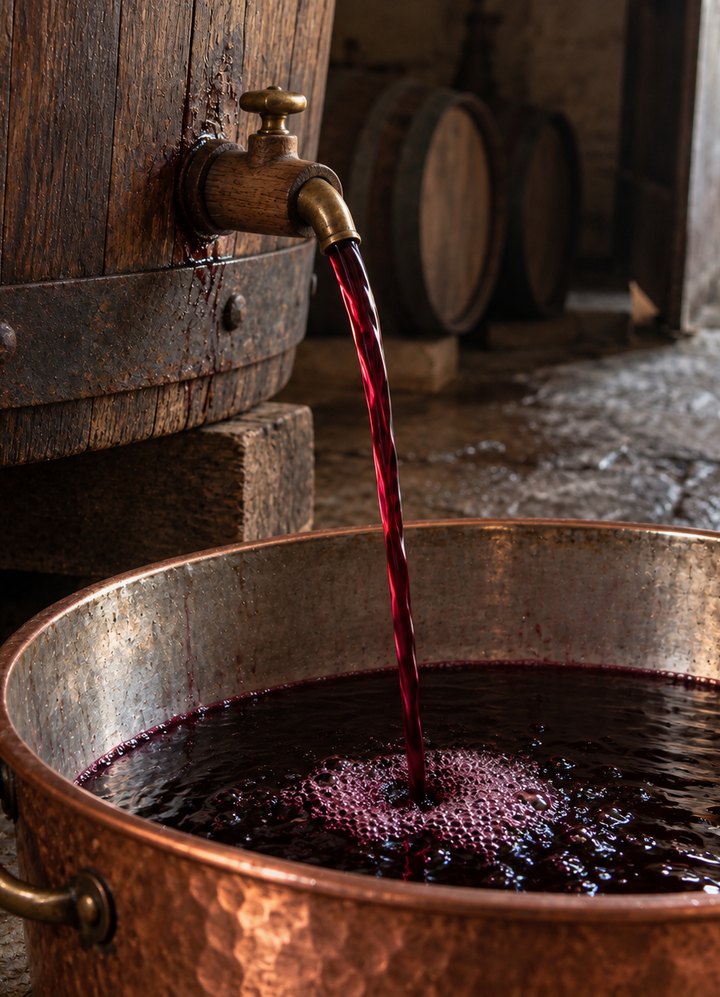 The free-run wine flows into copper