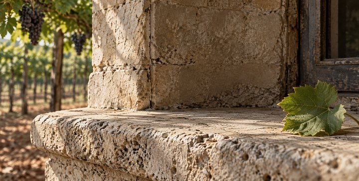 A vine leaf on a stone sill